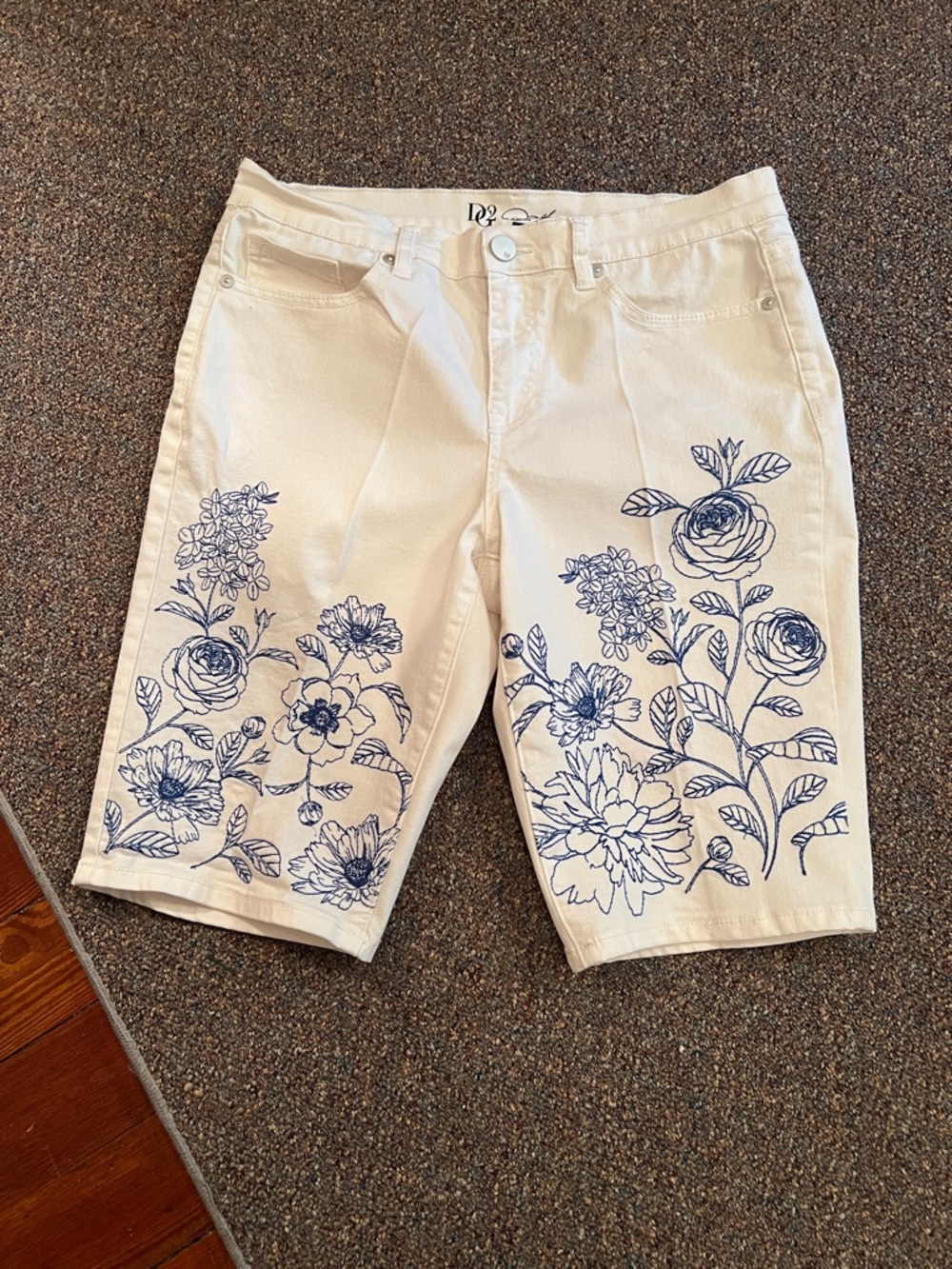 DG2 by Diane Gilman Creamy White Shorts with Navy Floral Embroidery